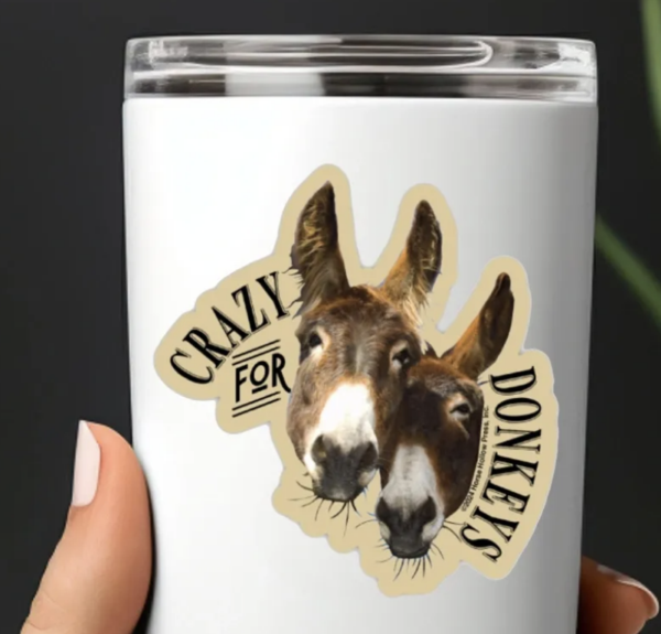 Crazy for Donkeys: Playful Tumbler Design White tumbler with Crazy for Donkeys design and playful donkey illustrations, perfect for animal lovers.