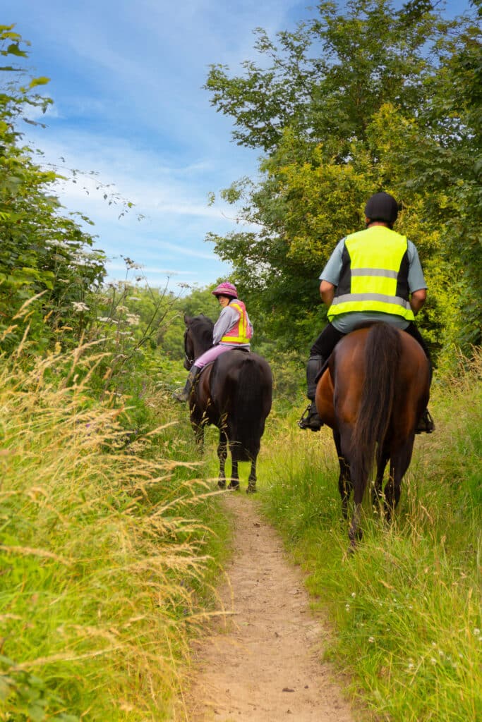 The Trainers Loft Equestrian Summer Apparel, Two horseback riders and their horses enjoying riding in the English countryside, along bridleways and narrow tracks.Both riders are wearing reflective gear to be seen and be safe.