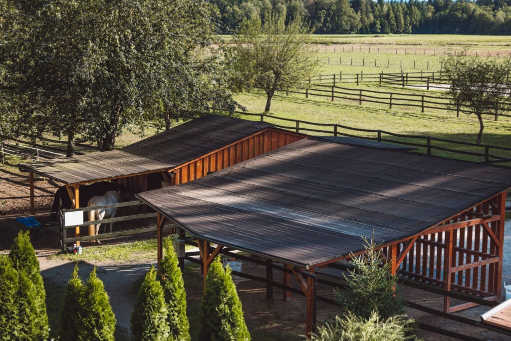 The Trainers Loft Stall Cooling Solutions, At the horse ranch on a beautiful sunny summer day. Neatly taken care of, beautifully arranges horse ranch somewhere in Slovenia.