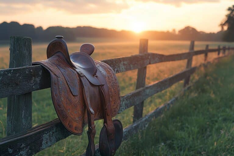 The Trainers Loft second hand equestrian gear, Well-Worn Saddle Resting on Wooden Fence Hinting at Need for Maintenance or Replacement in Ranch Setting