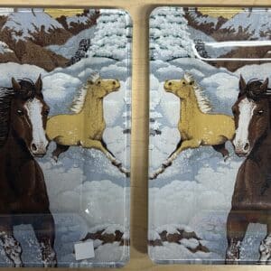 Beautifully designed by Clasby Creations, own a set of 4 unique "Winter Horse" decoupage dinnerware plates. Use for yourself or give as a gift to that lover.  Handmade in New Hampshire, these beautiful decoupage plates is the perfect addition to any kitchen or home. Hand wash for best results.