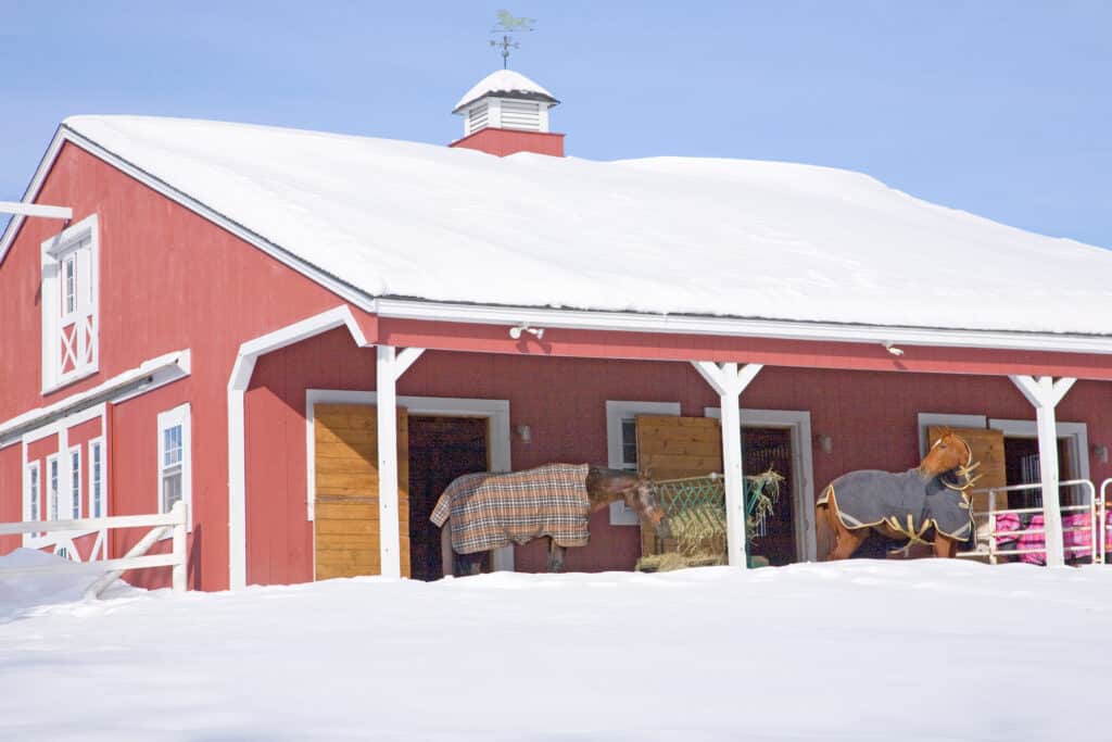The Trainers Loft Horse Barn Winter Care, Horses with blankets in Red Barn in snow, Ma., New England, USA