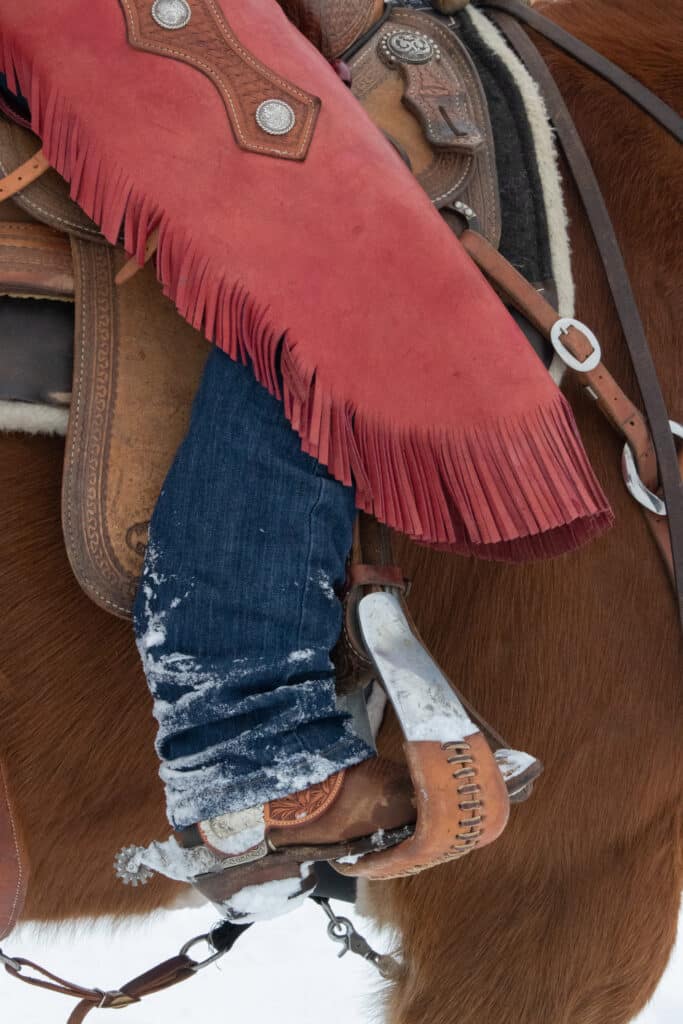The Trainer's Loft Saddle, Western lifestyle outdoor image of the lower leg of a cowgirl wearing red leather chaps and cowboy boots sitting on a chestnut horse under a western saddle. blue,