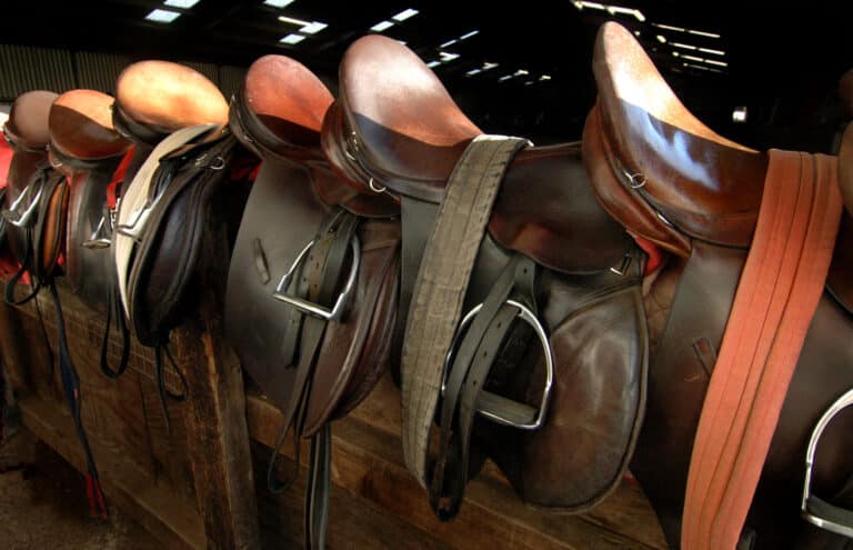 The Trainer's Loft saddles for sale, Saddle lined up on the fence
