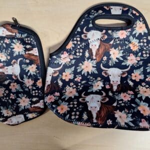 Highland Cow Floral Neoprene Lunch Bag and Matching Pouch Set