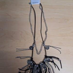 Bohemian Mixed-Media Fringe Necklace 12 inch with silver discs and black cords