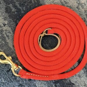 7.5 foot neon red lunge line with brass snap for horse training