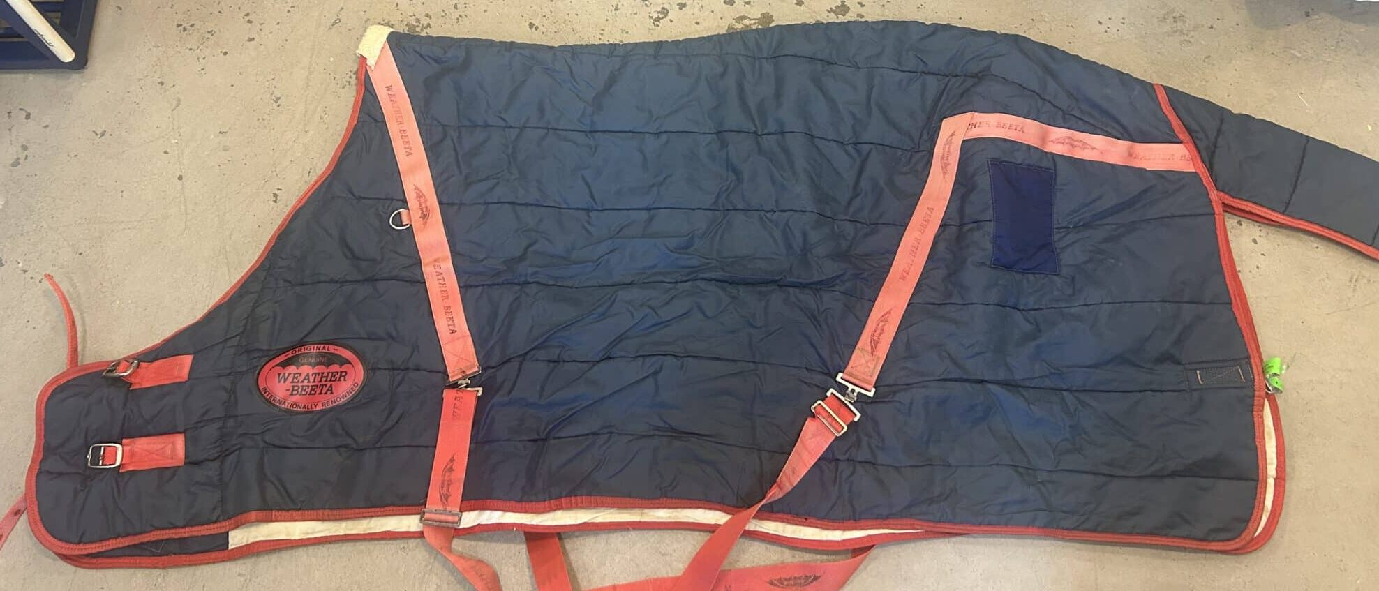 Weatherbeeta Red/Blue Stable Sheet 74&Quot; 1 WeatherBeeta Red and Blue Stable Sheet 74 inch used condition