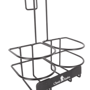 Classic Equine Bottle Hanger holding grooming bottles on stall front